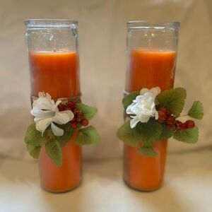 Orange Floral Decorated Candles. Brighten your Fall decor or holiday table
